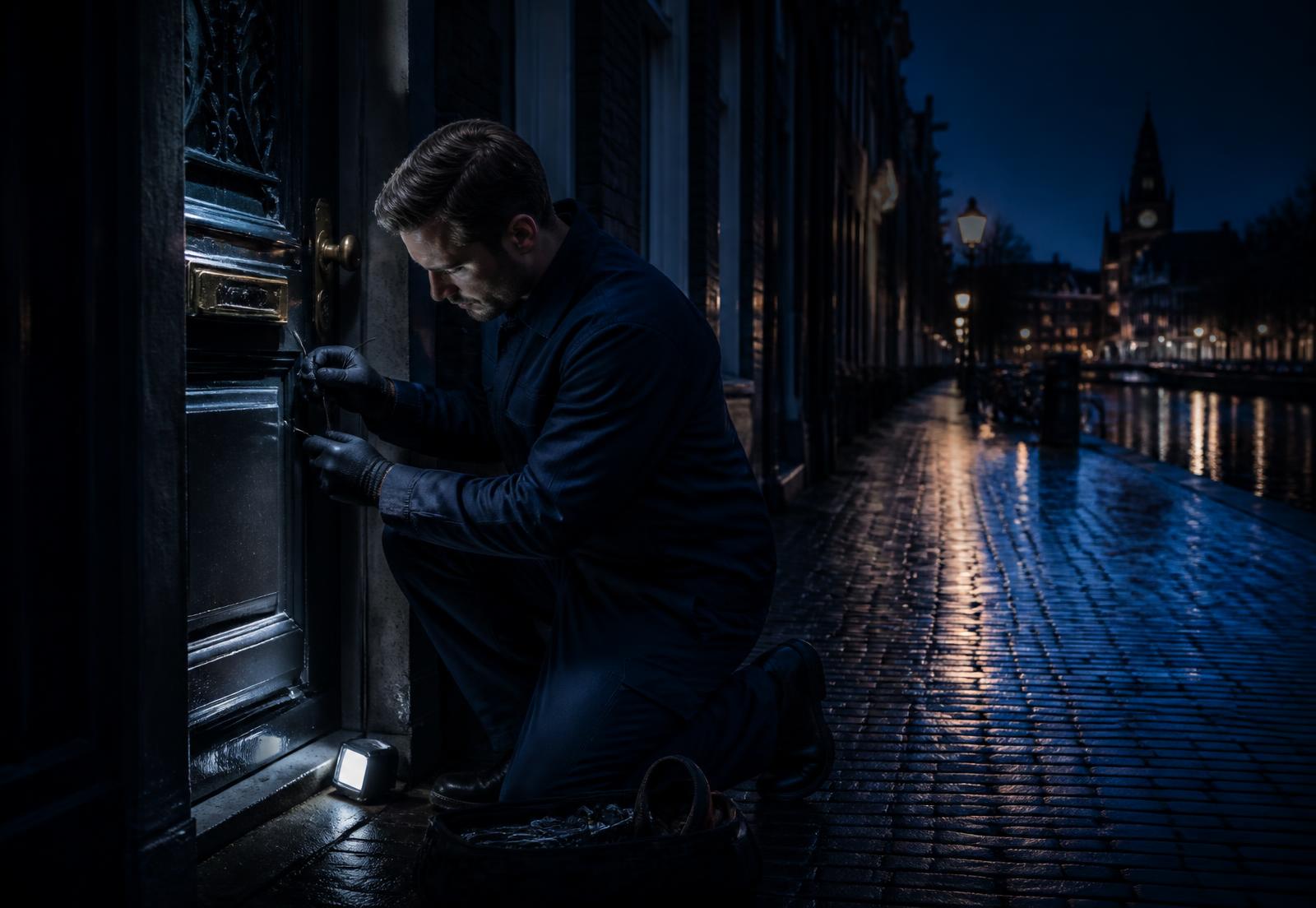 Locksmith opening a front door at night in Amsterdam